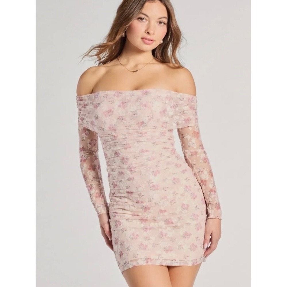 Windsor Off Shoulder Floral Mesh Mini Dress Women L Pink Fairycore Coquette Chic